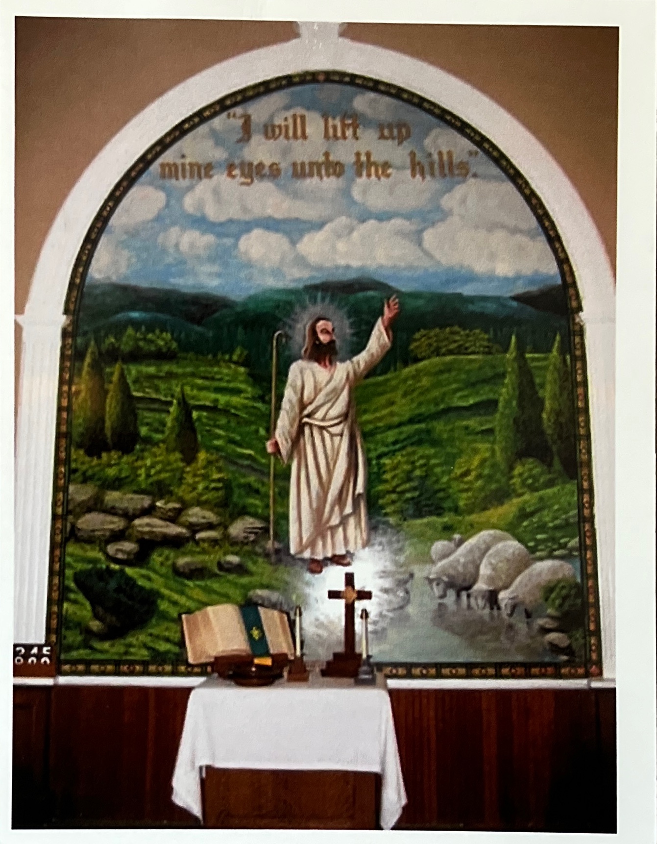Christ the Good Shepherd oil painting by Rev. Anton Beza in RWJ United Methodist Church sanctuary, 10x12 foot religious artwork depicting Jesus as shepherd in Adirondack Mountains setting