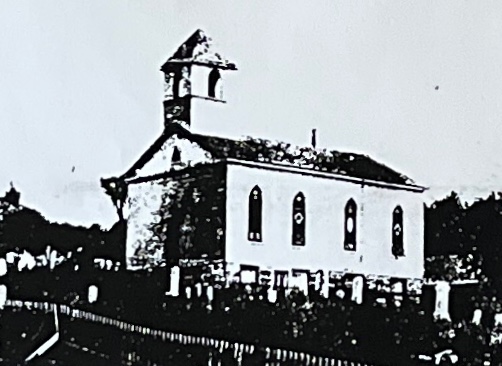 Early Johnsburg Methodist Episcopal Church building, vintage black and white photograph from 1800s